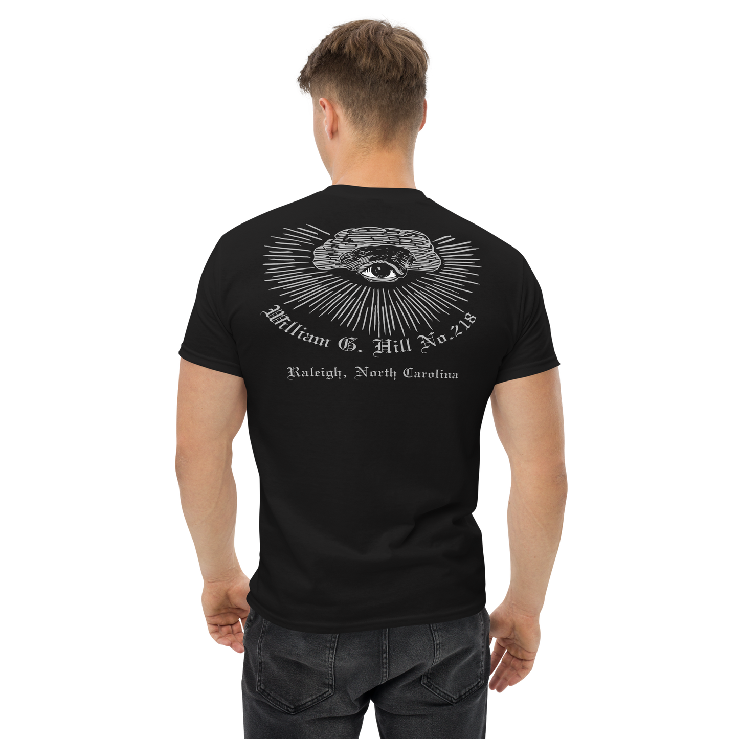 Wm G Hill 218 - Masonic Graphic T-Shirt, front and back, Square and Compasses in Silver Men's heavyweight tee for a Freemason, All Seeing Eye on back