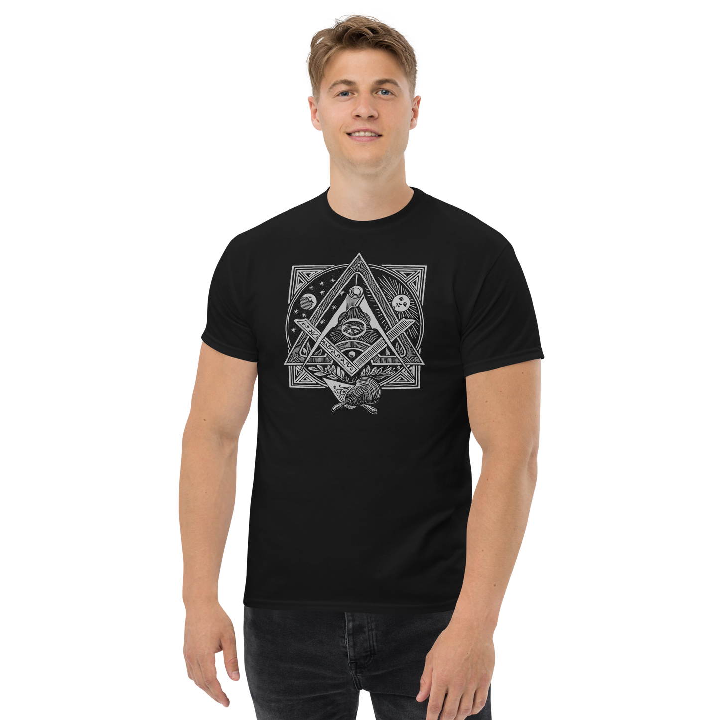 Wm G Hill 218 - Masonic Graphic T-Shirt, front and back, Square and Compasses in Silver Men's heavyweight tee for a Freemason, All Seeing Eye on back