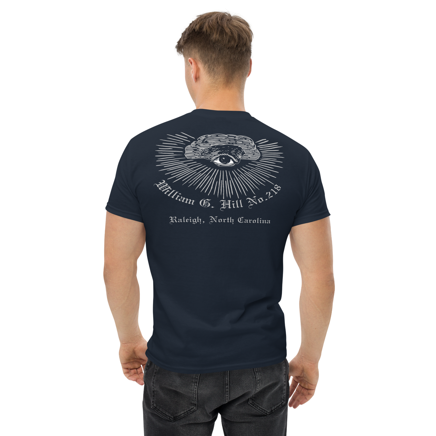Wm G Hill 218 - Masonic Graphic T-Shirt, front and back, Square and Compasses in Silver Men's heavyweight tee for a Freemason, All Seeing Eye on back