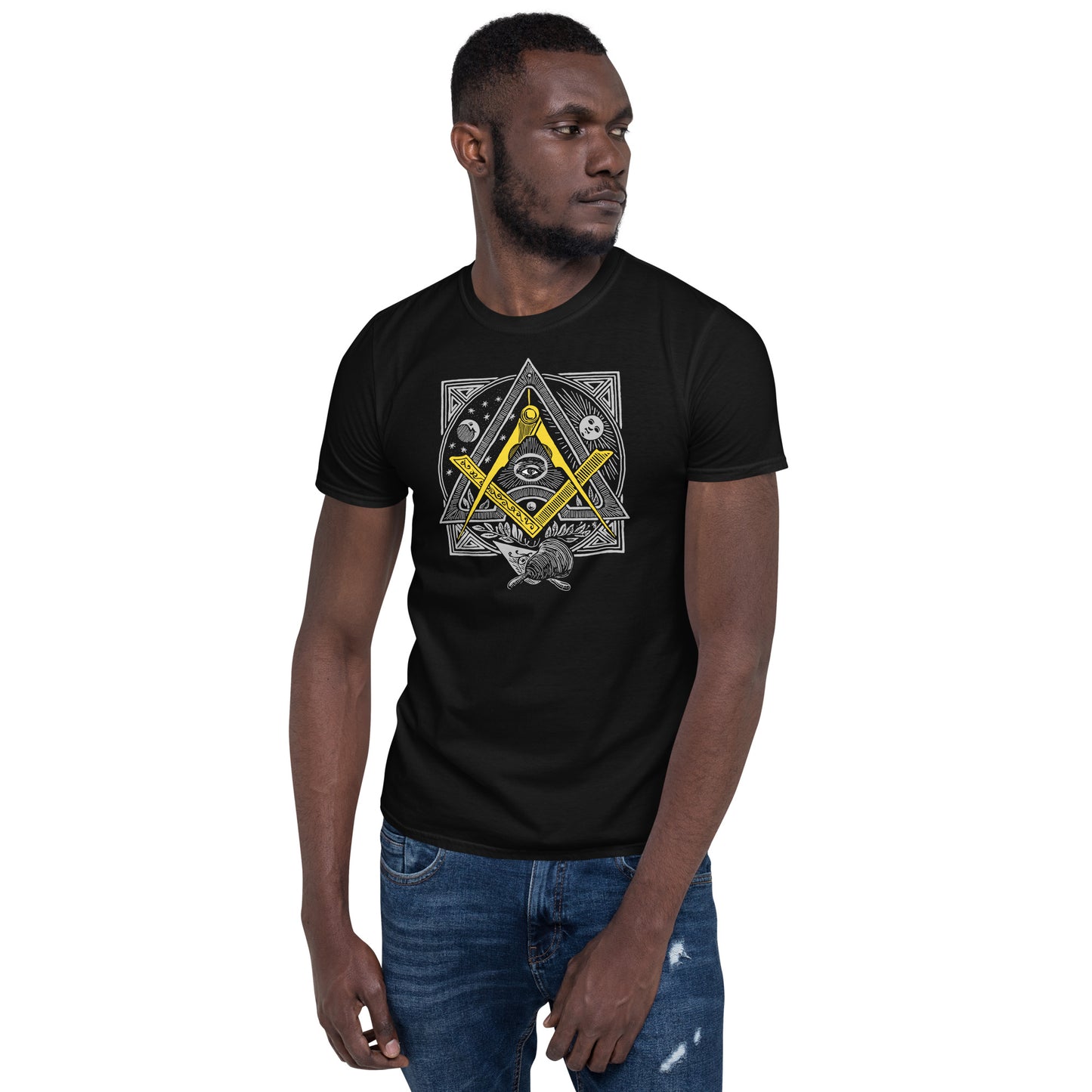 Masonic Graphic T-Shirt, front & back, Square and Compasses in Gold, Men's soft tee for a Freemason, All Seeing Eye on back, multi-color