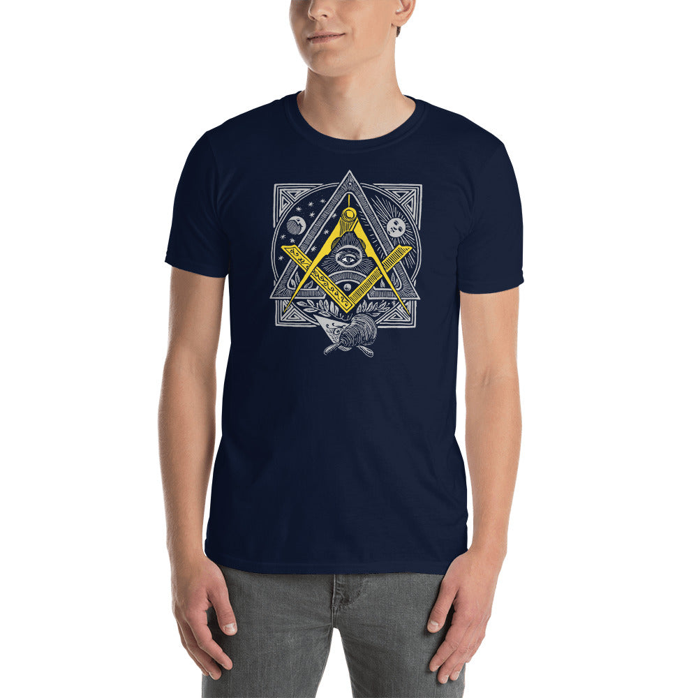 Masonic Graphic T-Shirt, Silver design with Square and Compasses in Gold, Men's soft tee for a Freemason, multi-color