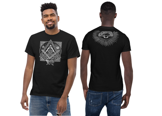 Masonic Graphic T-Shirt, front and back, Square and Compasses in Silver Men's heavyweight tee for a Freemason, All Seeing Eye on back