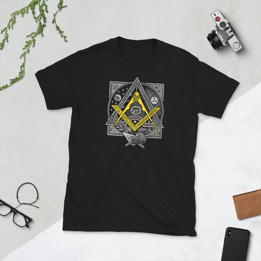 Masonic Graphic T-Shirt, front & back, Square and Compasses in Gold, Men's soft tee for a Freemason, All Seeing Eye on back, multi-color