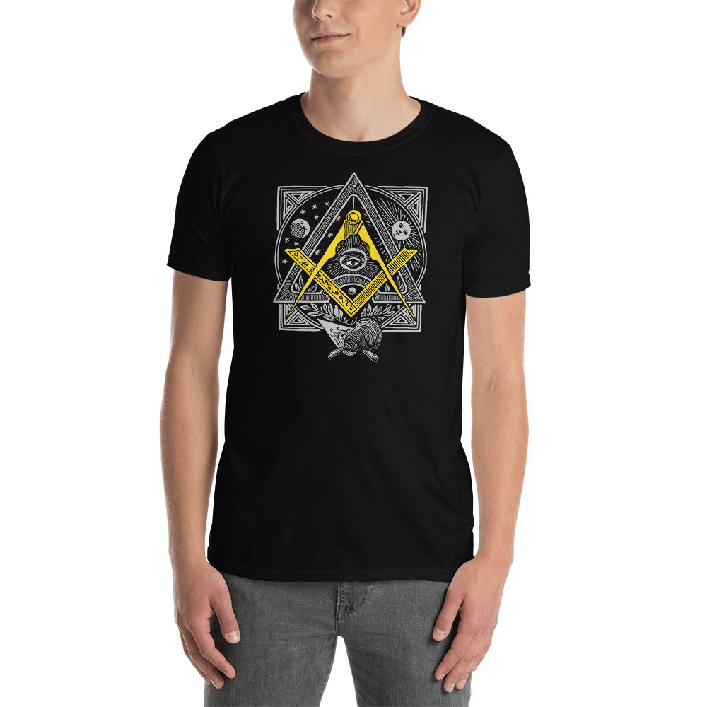 Masonic Graphic T-Shirt, front & back, Square and Compasses in Gold, Men's soft tee for a Freemason, All Seeing Eye on back, multi-color