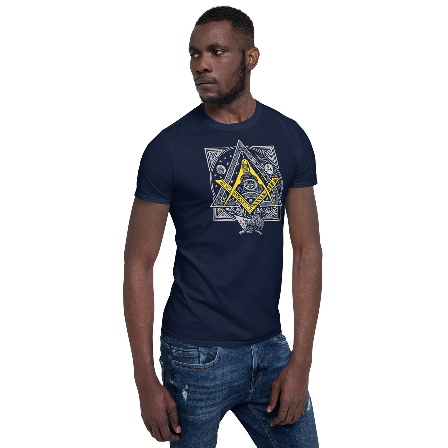 Masonic Graphic T-Shirt, front & back, Square and Compasses in Gold, Men's soft tee for a Freemason, All Seeing Eye on back, multi-color